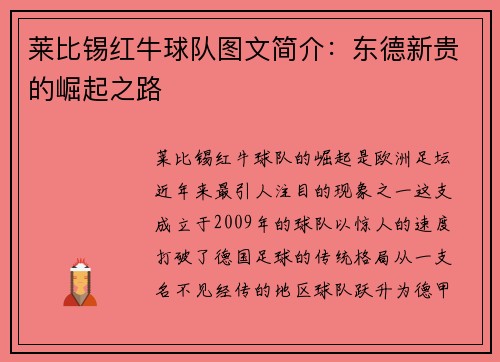 莱比锡红牛球队图文简介：东德新贵的崛起之路